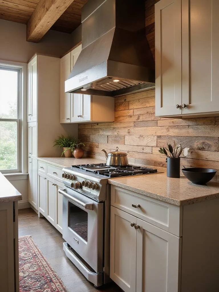 Kitchen featuring reclaimed wood backsplash panels, showcasing rustic and modern design elements.