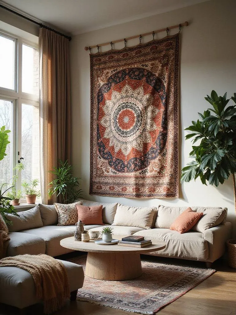 Living room with a large boho tapestry as the focal point on the wall.