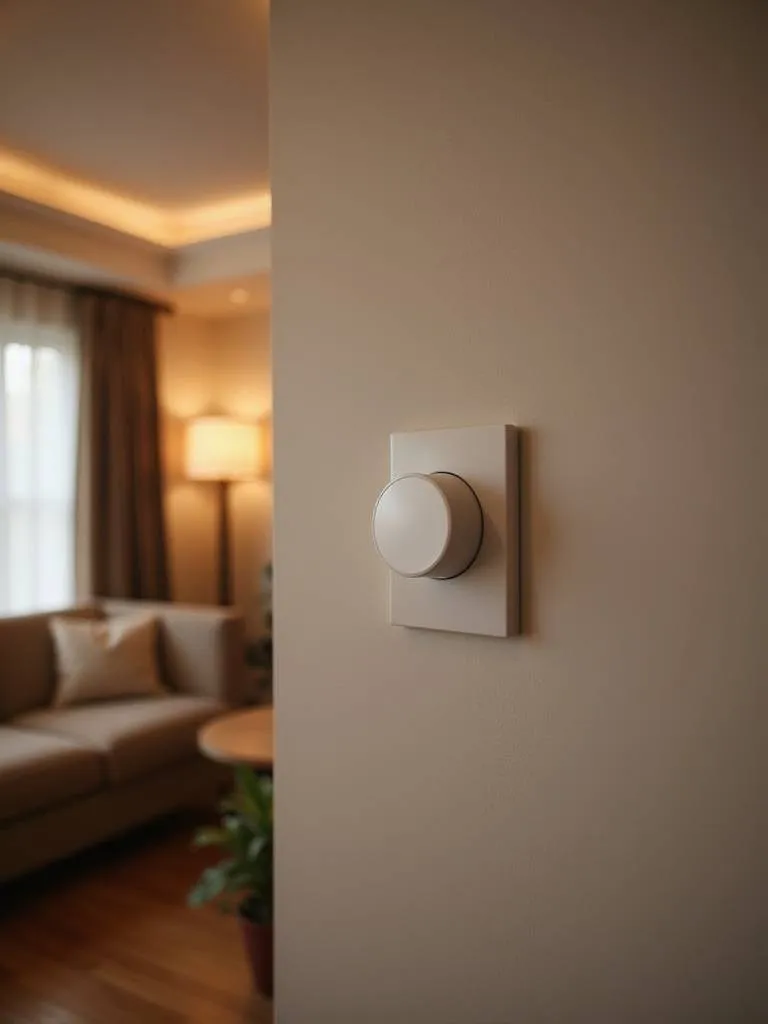 Living room with a dimmer switch and ambient lighting showcasing mood control.