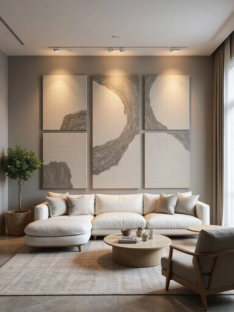 Living room with fabric wall panels for acoustic improvement and style.