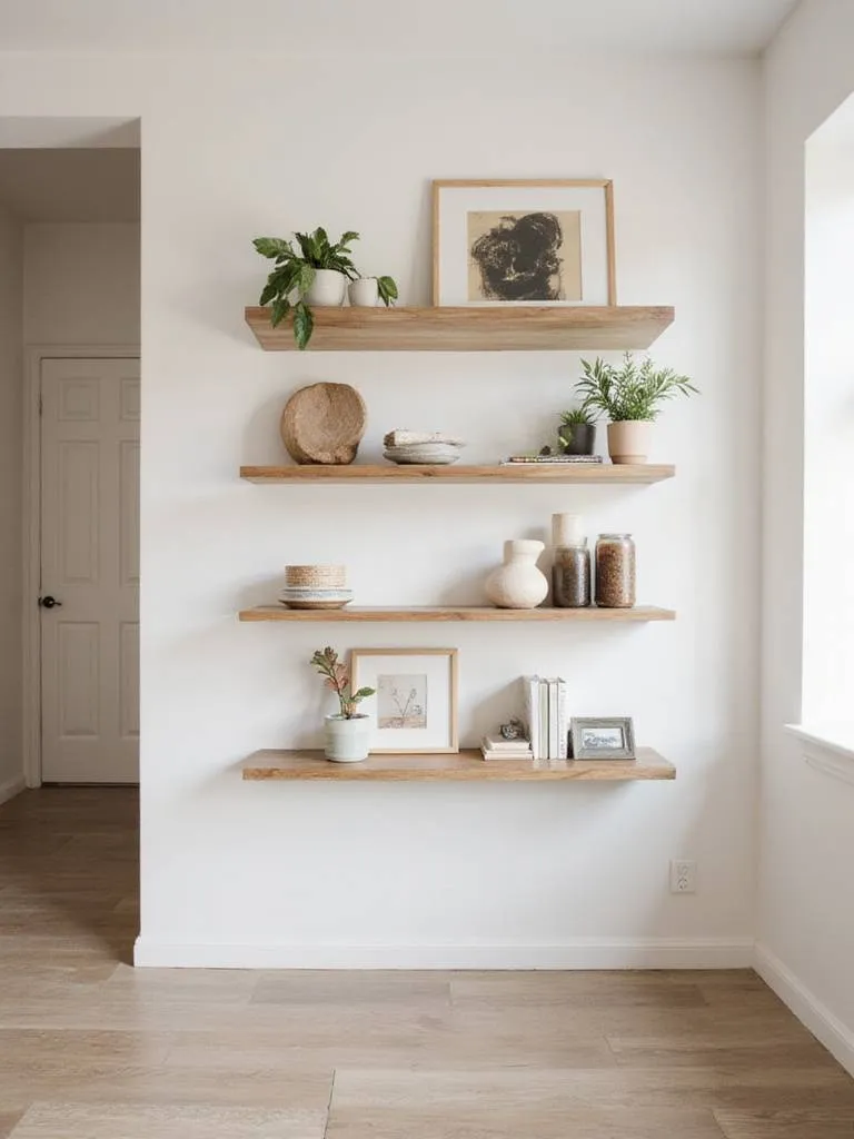 A modern living room showcasing stylish floating shelves with curated decor.