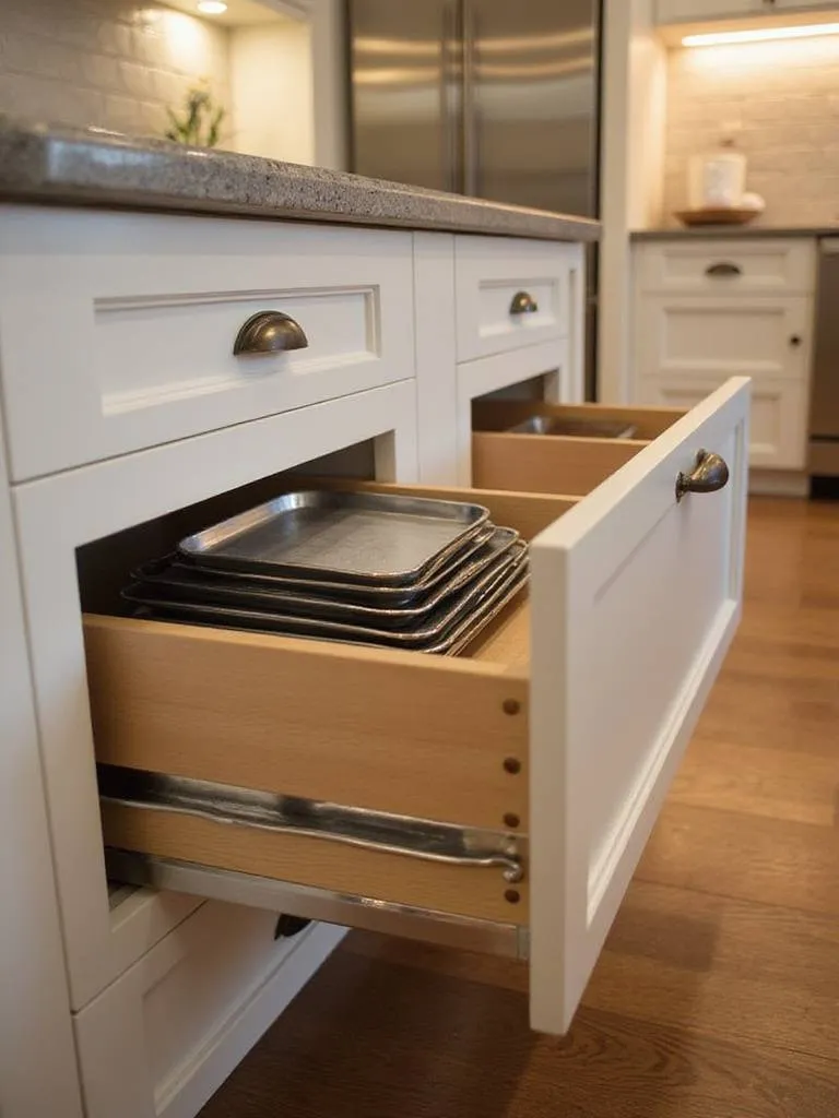 Modern kitchen with hidden toe-kick drawers showcasing organized baking sheets and serving trays