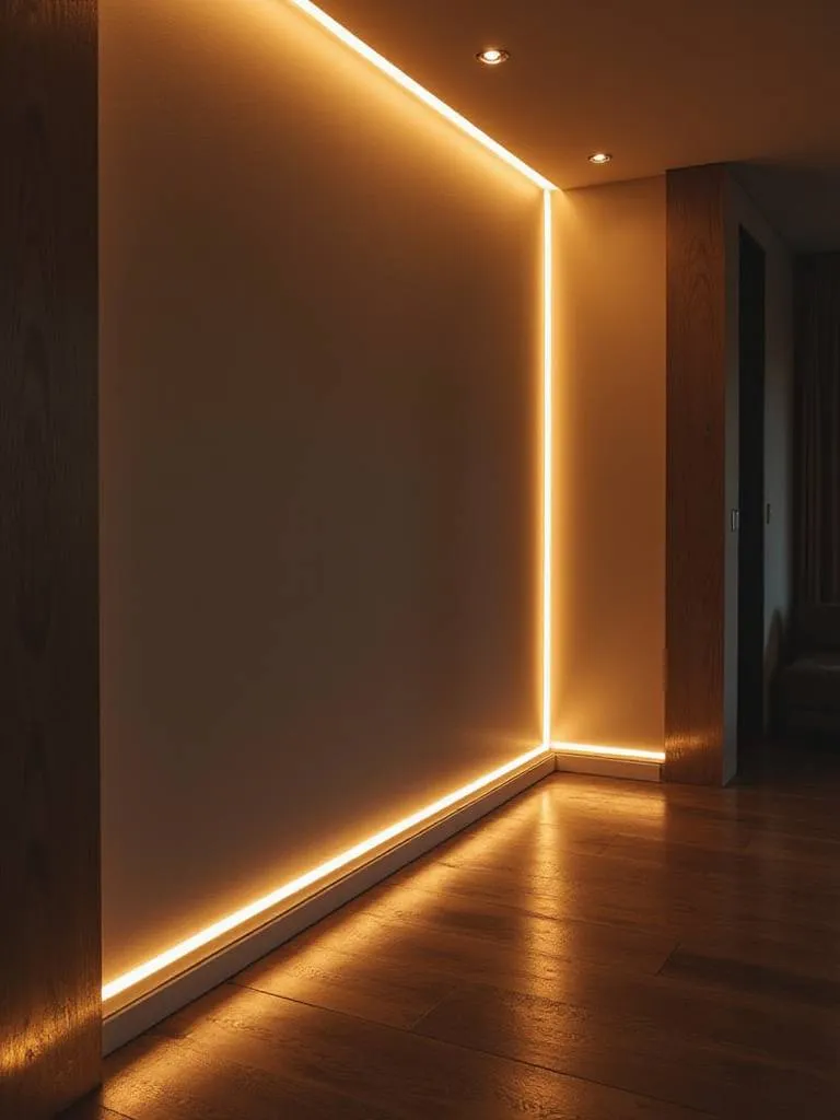 Modern living room with LED strip lighting creating an atmospheric glow