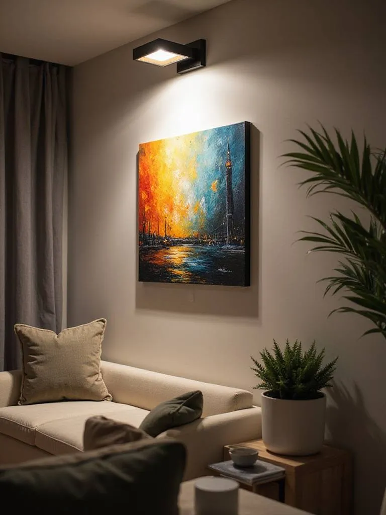 Living room wall featuring artwork illuminated by discreet picture lights