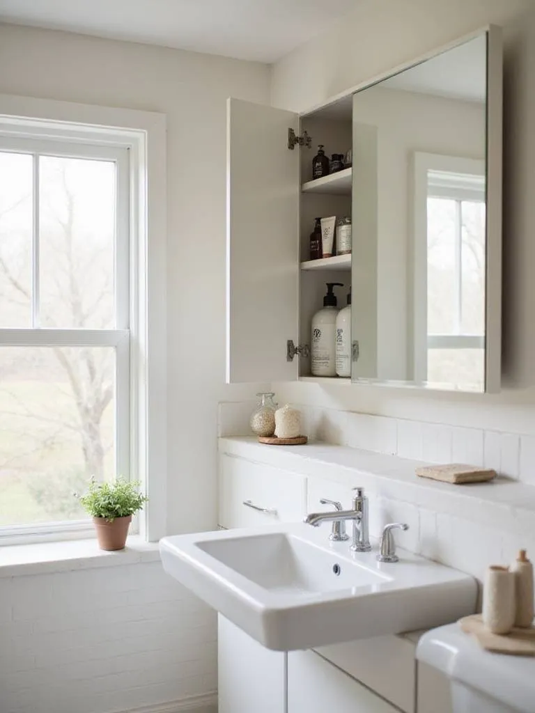 Recessed medicine cabinet in a small bathroom, reflecting natural light