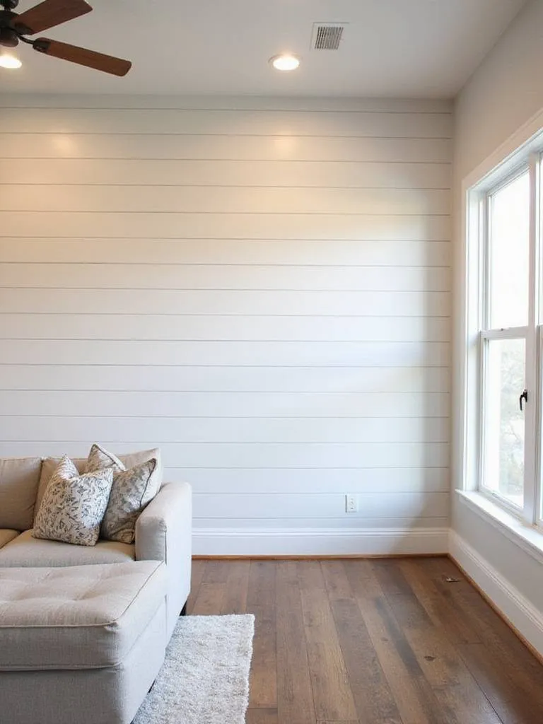 Living room with shiplap paneling showcasing rustic charm and inviting atmosphere.