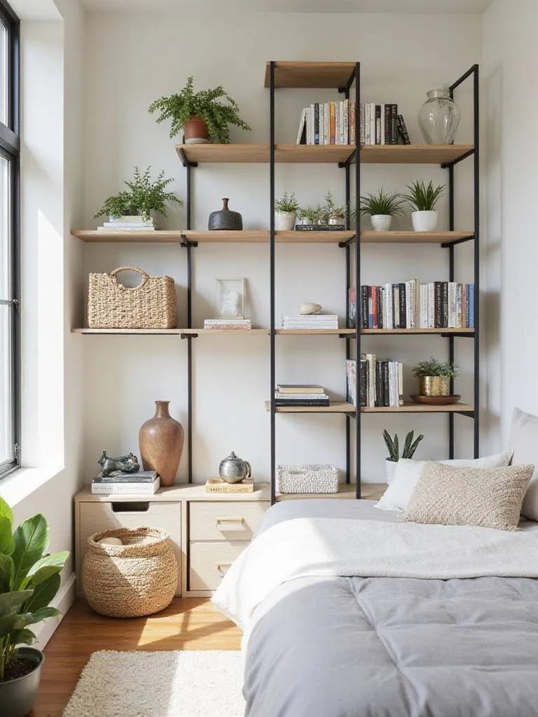 Tall, slim shelving units in a small bedroom, showcasing organized storage and decor.