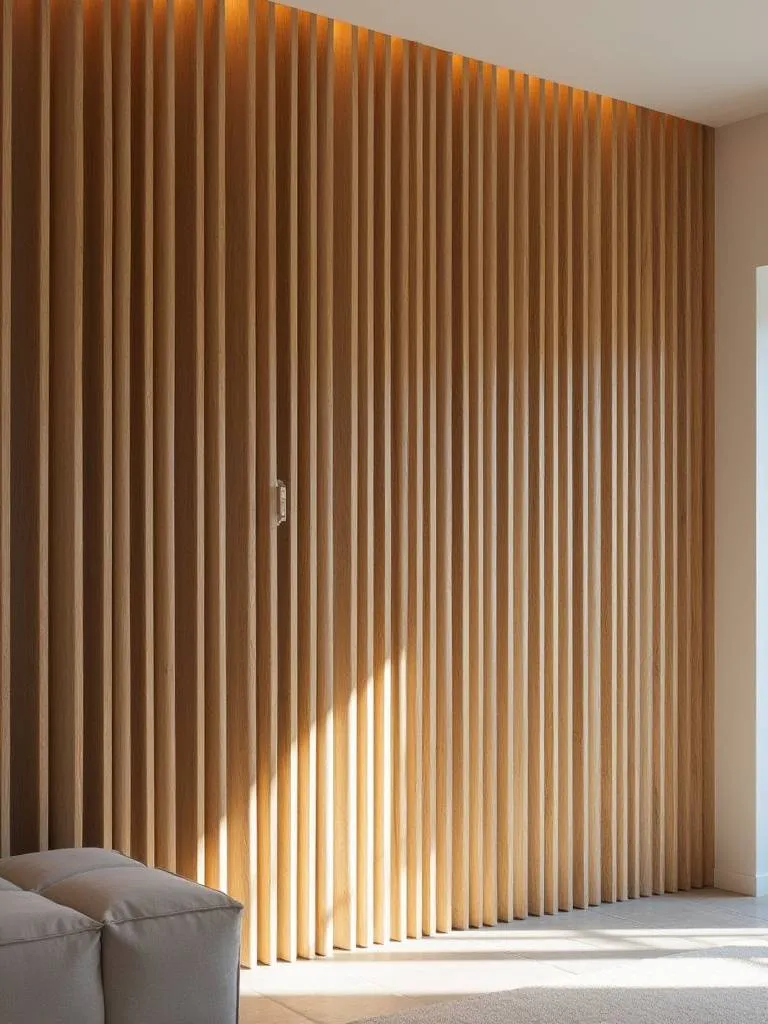Living room with vertical wood slats wall for texture and acoustic benefits