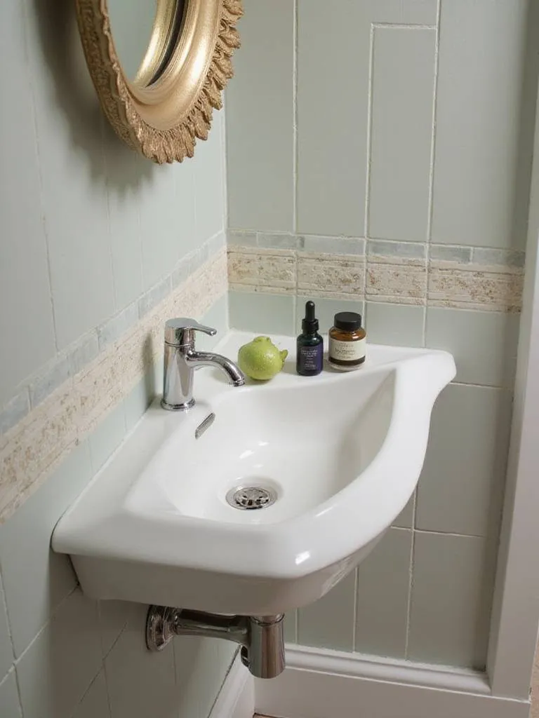 Corner sink installed in a small bathroom, showcasing elegant design and maximizing floor space.