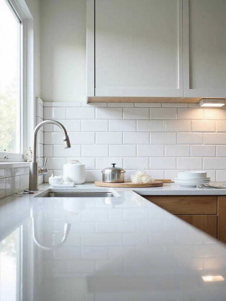 Modern kitchen with a polished white subway tile reflective backsplash