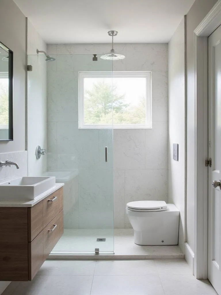 Modern small bathroom with a sliding shower door and stylish vanity.