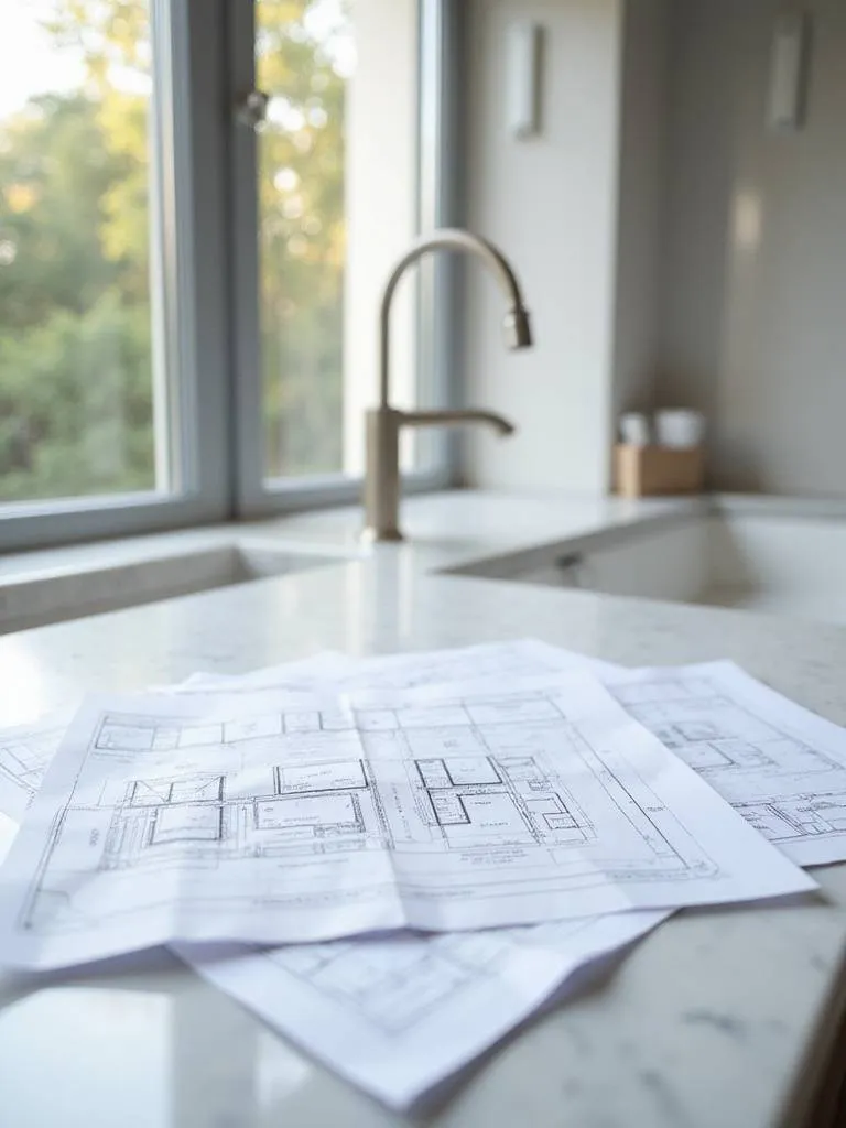 Blueprints and building permits on a marble countertop in a modern bathroom renovation setting