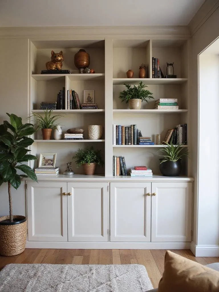 Elegant living room with custom built-in shelving filled with books and decor