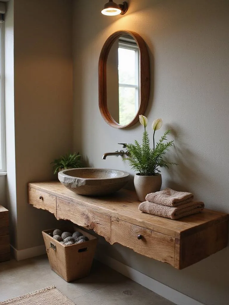 Modern bathroom with natural elements including reclaimed wood vanity, river stone sink, and indoor plants.