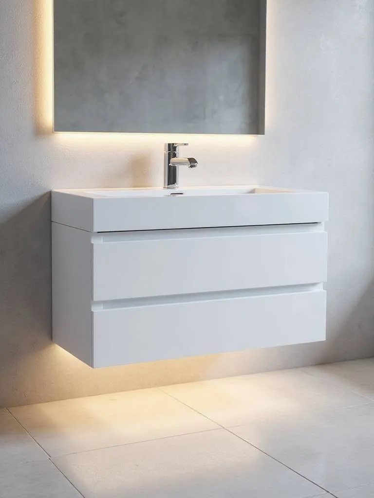 Modern bathroom with floating vanity and under-lighting