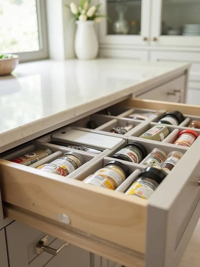 Organized kitchen drawer with smart drawer organizers featuring adjustable dividers and tiered racks.
