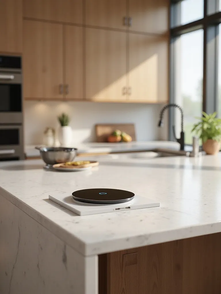 Contemporary kitchen with integrated charging stations and sleek design.