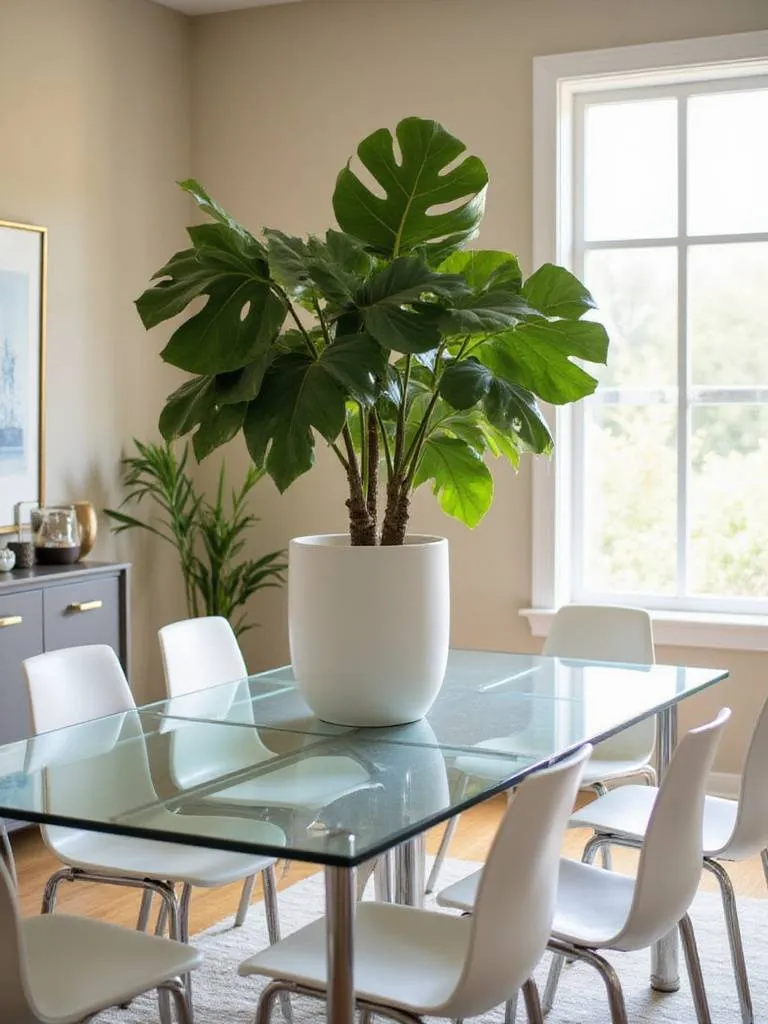 A contemporary dining room with a Fiddle Leaf Fig plant in a white ceramic planter.