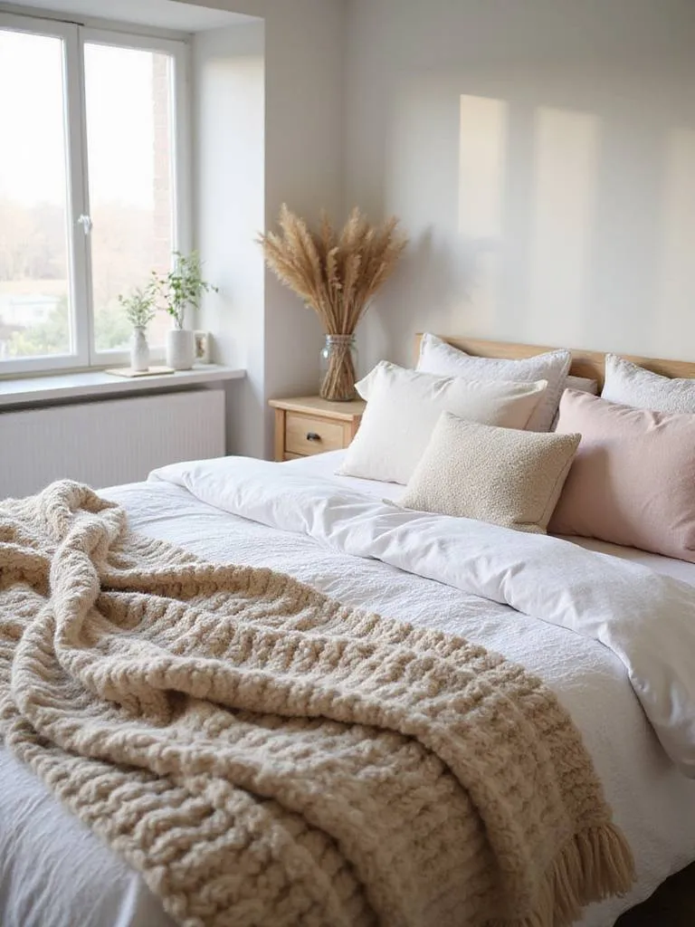 Cozy bedroom with ultra-soft textures and throws on a bed