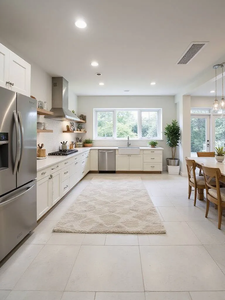 A modern kitchen with distinct zoned areas for preparation, cooking, cleaning, and storage, showcasing efficient workflow.