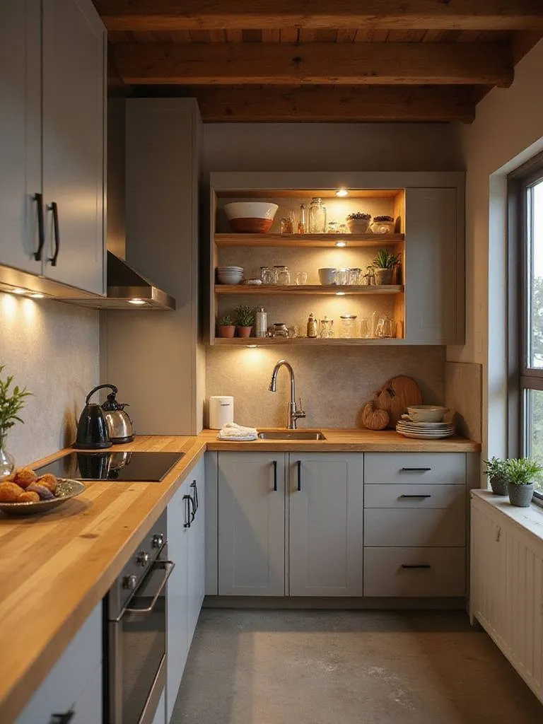 Modern small kitchen design showcasing smart storage solutions and warm lighting.
