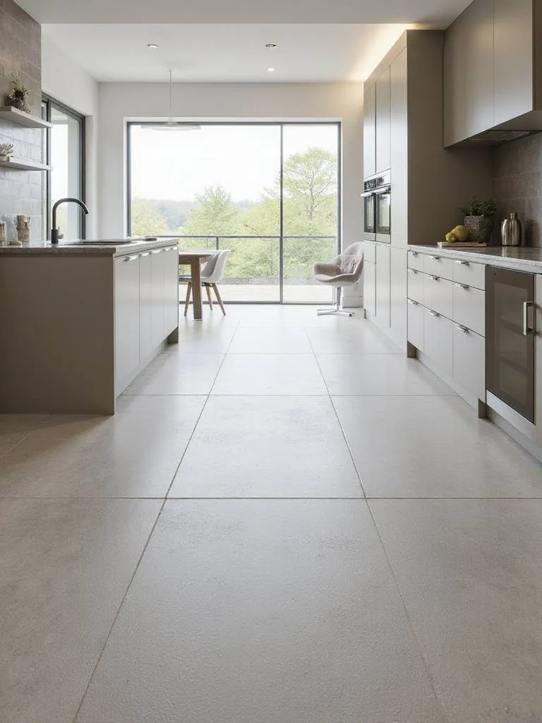 A contemporary kitchen featuring large format tiles with a sleek, modern floor design.
