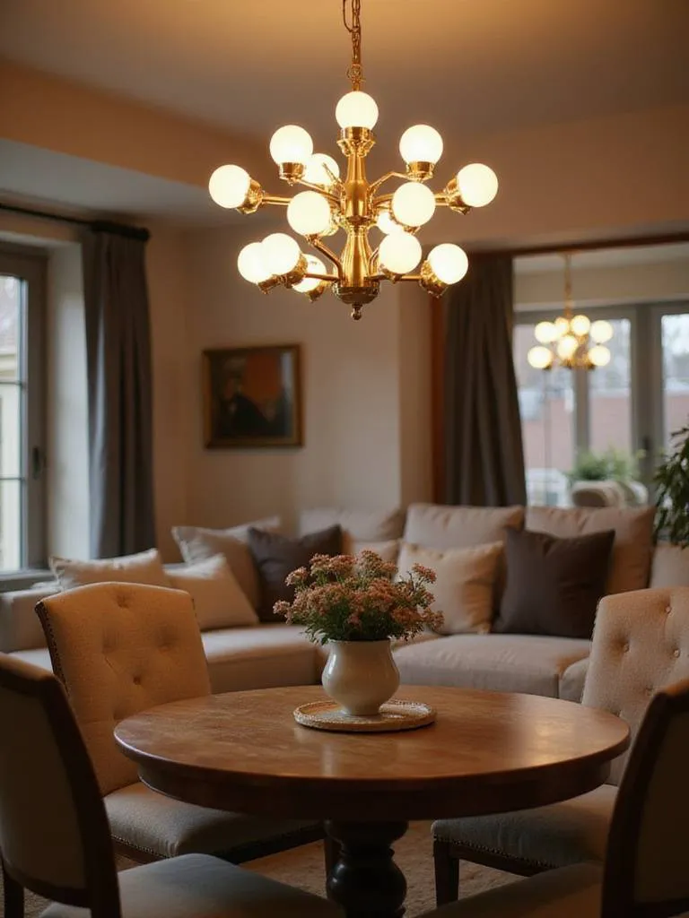 A modern living room illuminated by energy-efficient LED bulbs, showcasing contemporary decor and warm lighting.