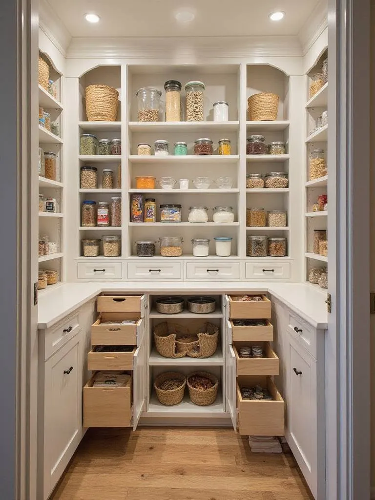 A well-organized accessible pantry with clear containers and pull-out shelves.