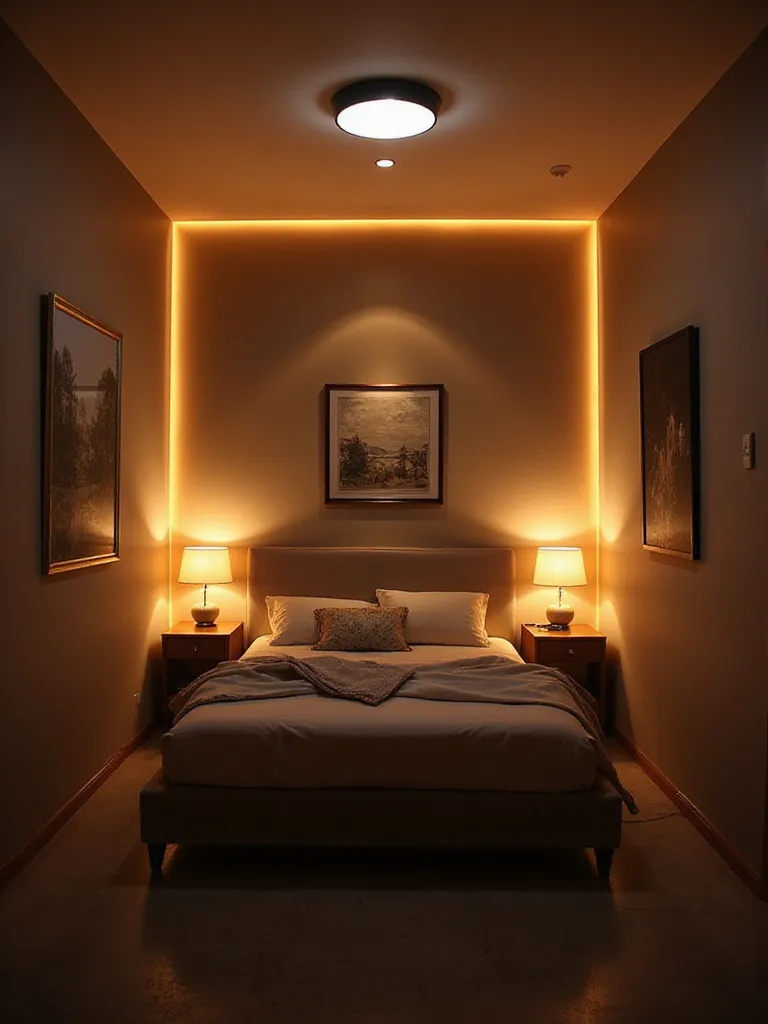 A well-lit small bedroom showcasing layered lighting techniques for depth and ambiance.