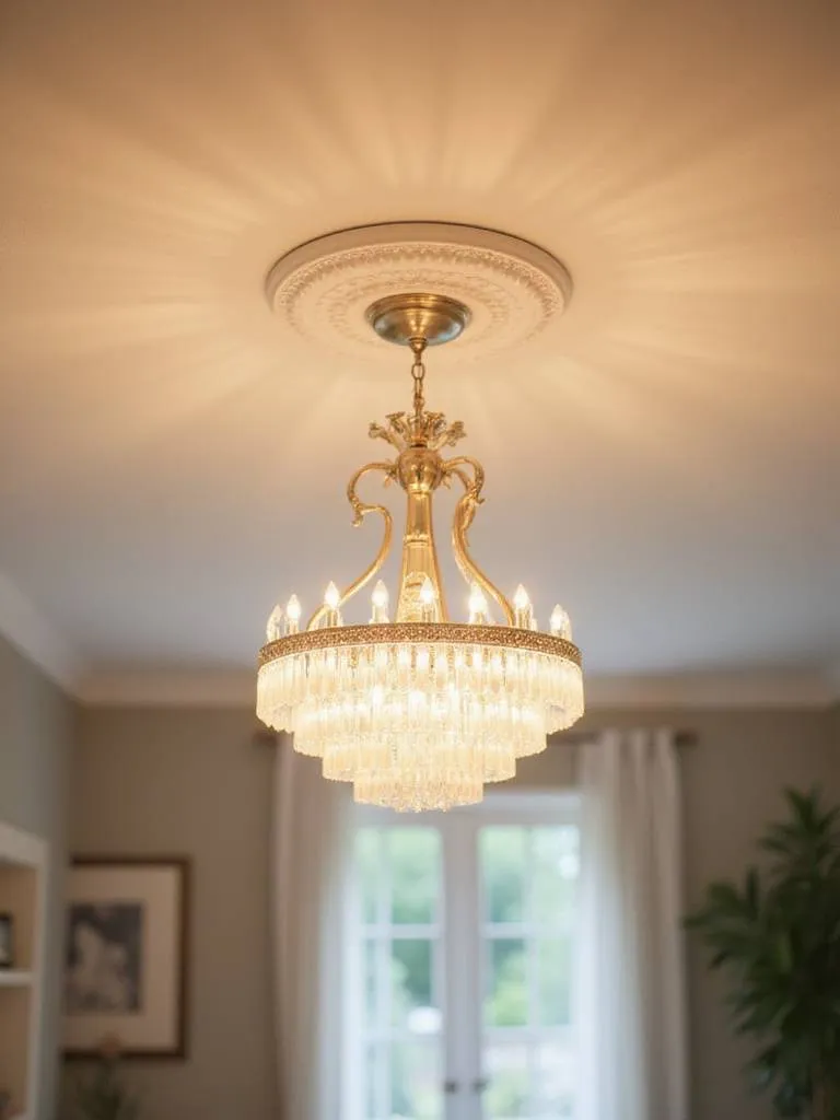 Shiny chandelier in a clean living room, showcasing maximum brightness.