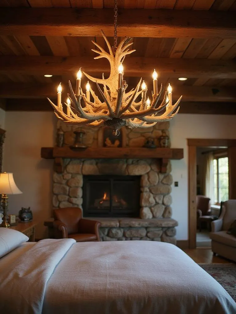 A rustic bedroom with an antler chandelier above a king-sized bed, showcasing warm lighting and cozy decor.