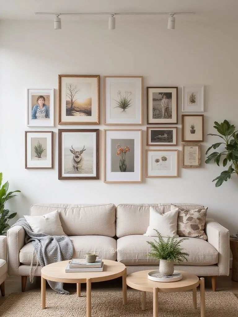 A professionally arranged gallery wall in a modern living room, showcasing a variety of framed art and photographs.