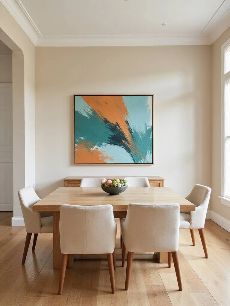 Contemporary dining room with neutral palettes and vibrant color pops
