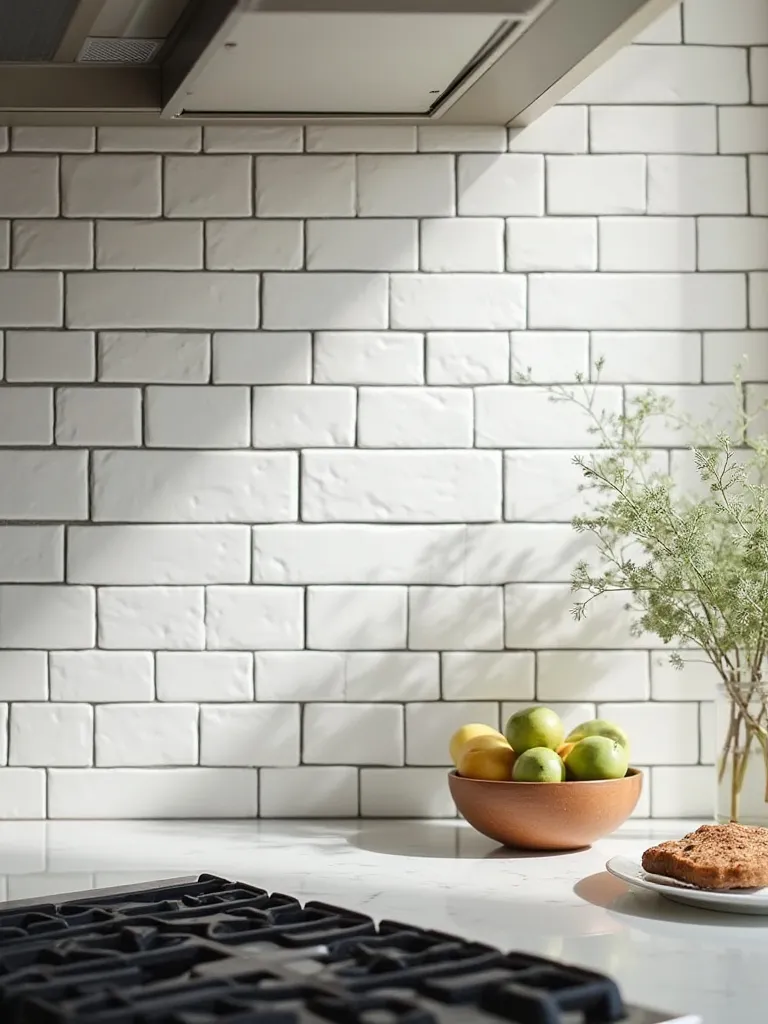 Kitchen backsplash with white subway tiles and charcoal grout