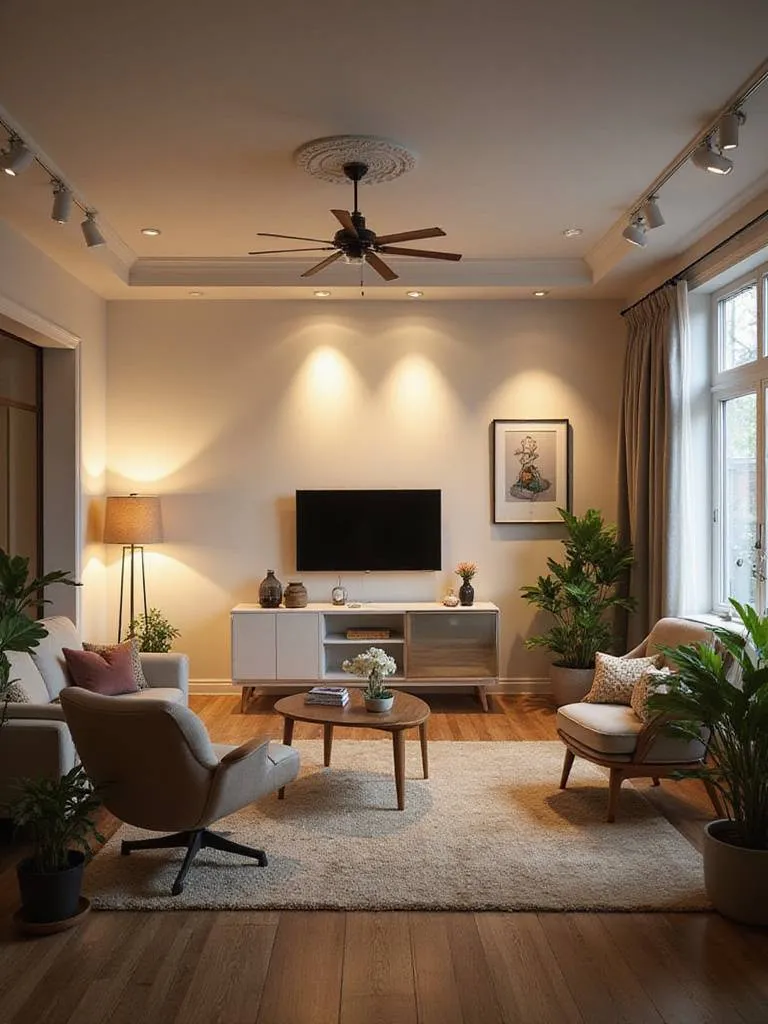 Living room showcasing ambient, task, and accent lighting with modern decor.