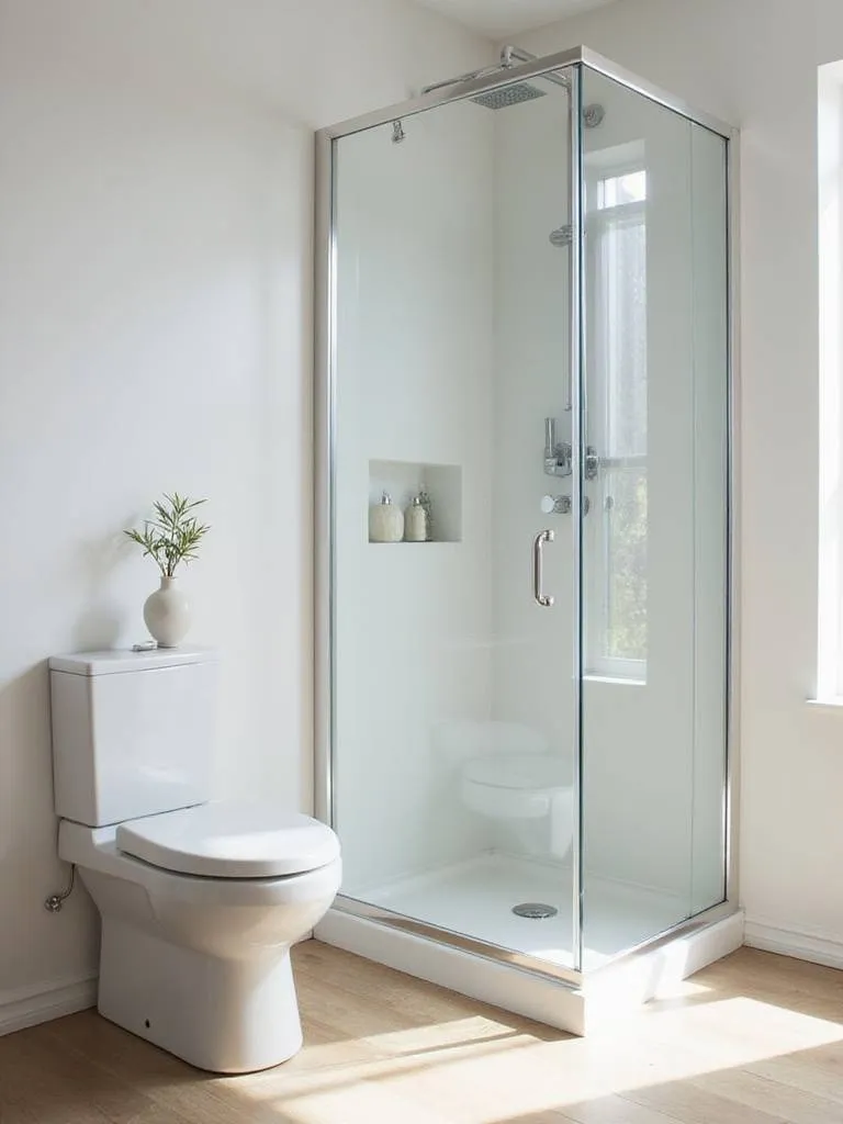 A well-designed small bathroom featuring the three-piece rule with a wall-mounted toilet, corner sink, and modern shower.