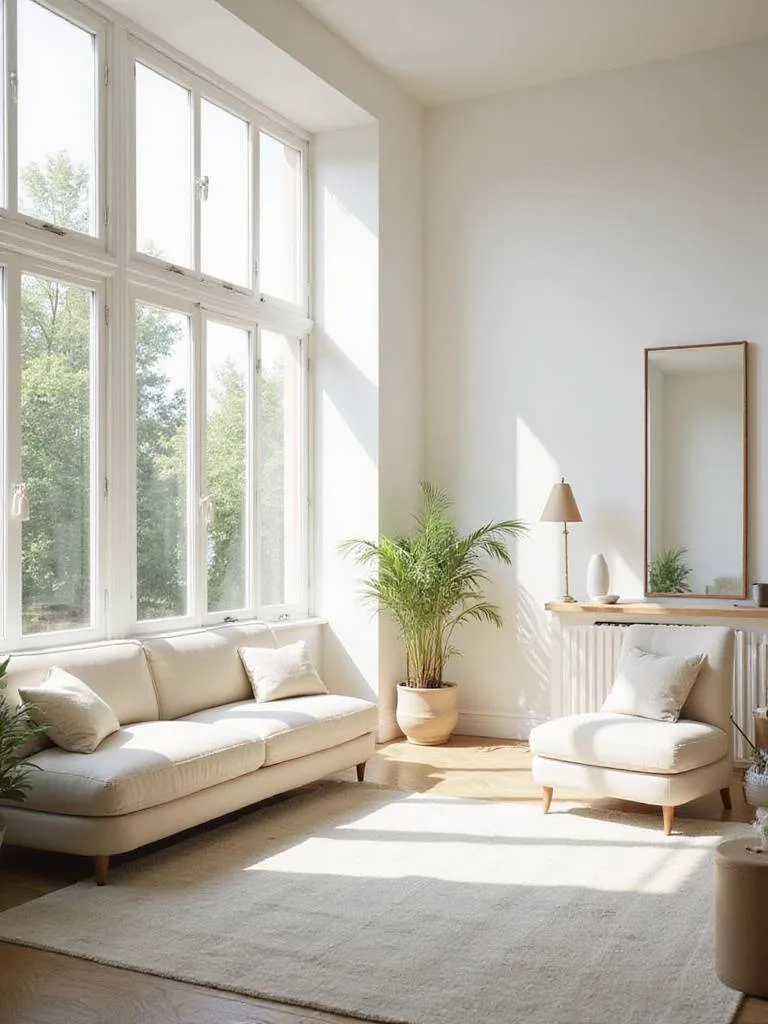 Bright living room with natural daylight integration through large windows and mirrors.