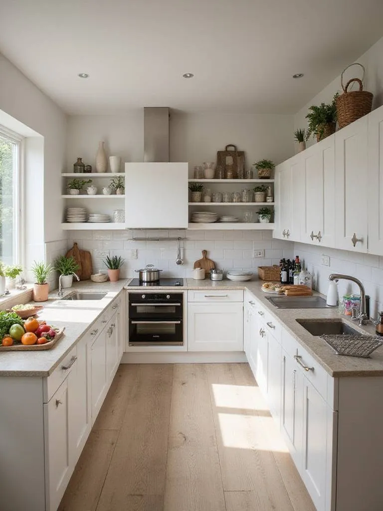 A beautifully organized kitchen showcasing distinct zones for prep, cooking, cleaning, and storage.