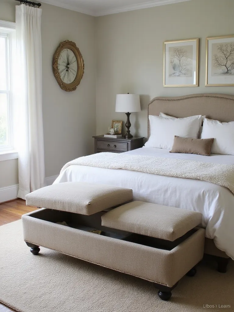 A cozy bedroom with an ottoman featuring hidden storage at the foot of the bed.