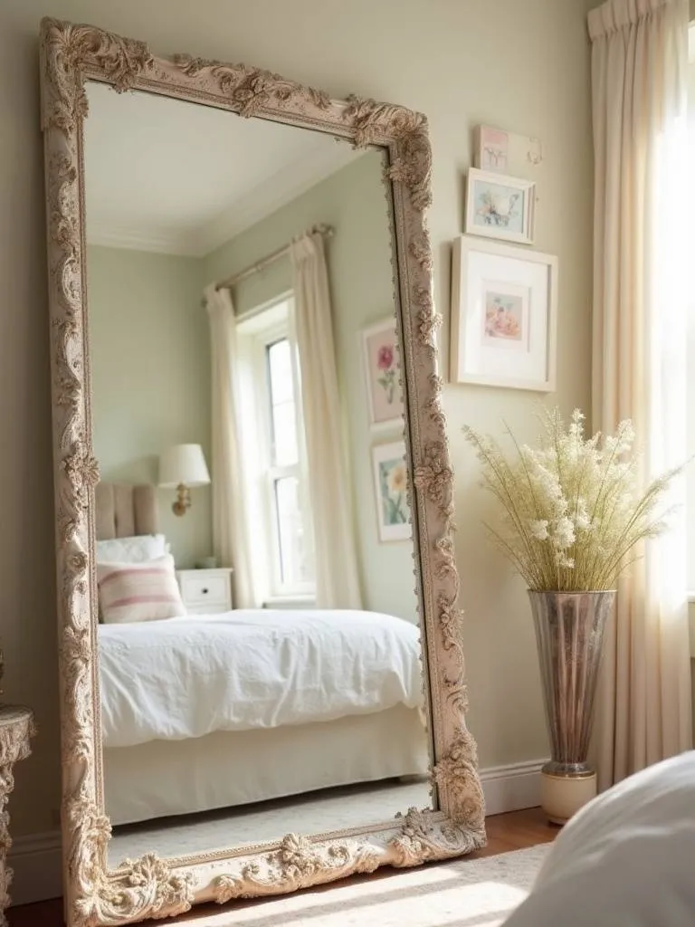 Decorative mirror in a cute bedroom reflecting light and creating a spacious feel.