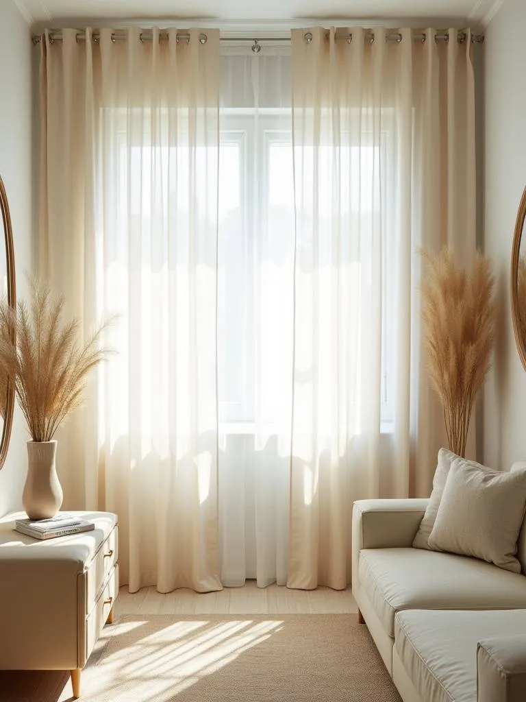 Bright and airy living room with sheer curtains diffusing natural light