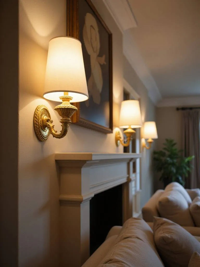 Elegant living room with wall sconces providing mid-level lighting beside a fireplace.
