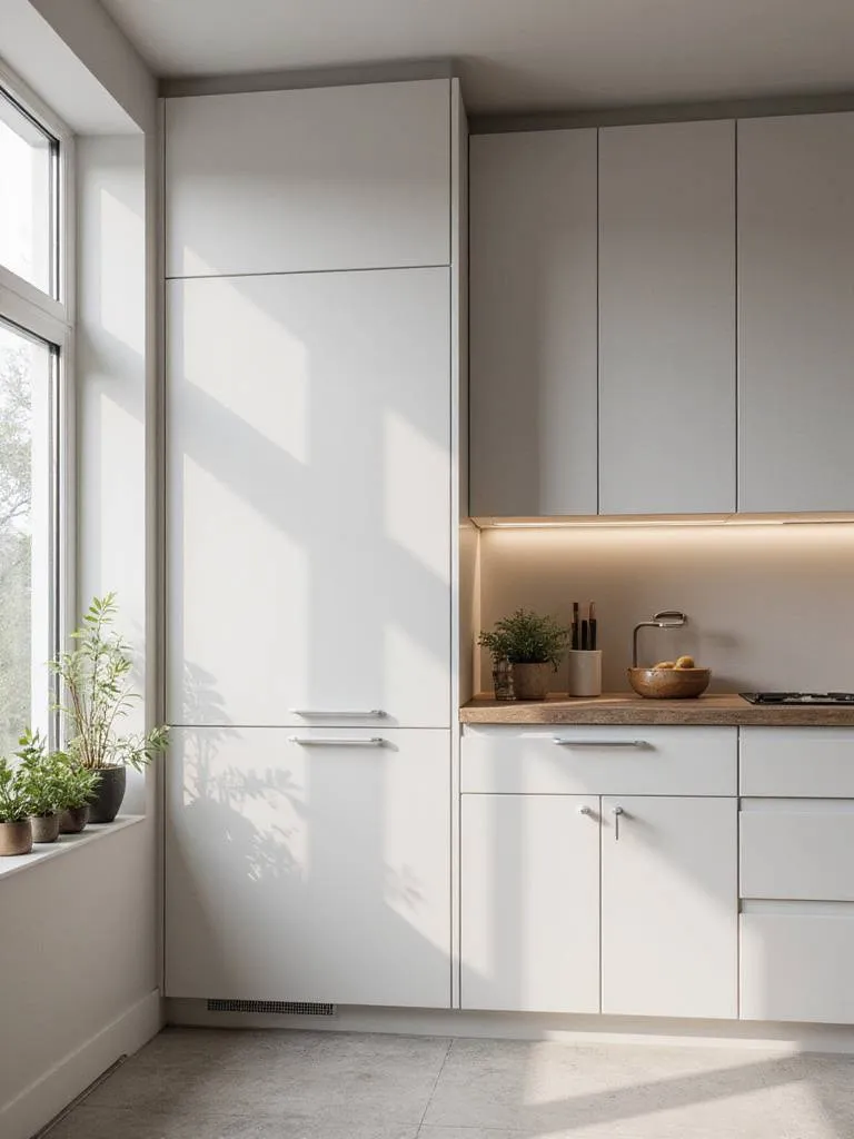 Modern small kitchen with tall cabinetry extending to the ceiling, showcasing storage solutions.