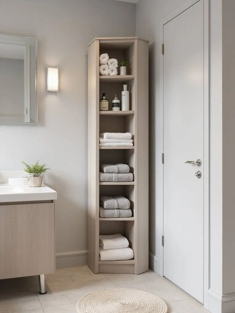 Tall slim storage unit in a small bathroom showcasing organized towels and toiletries.