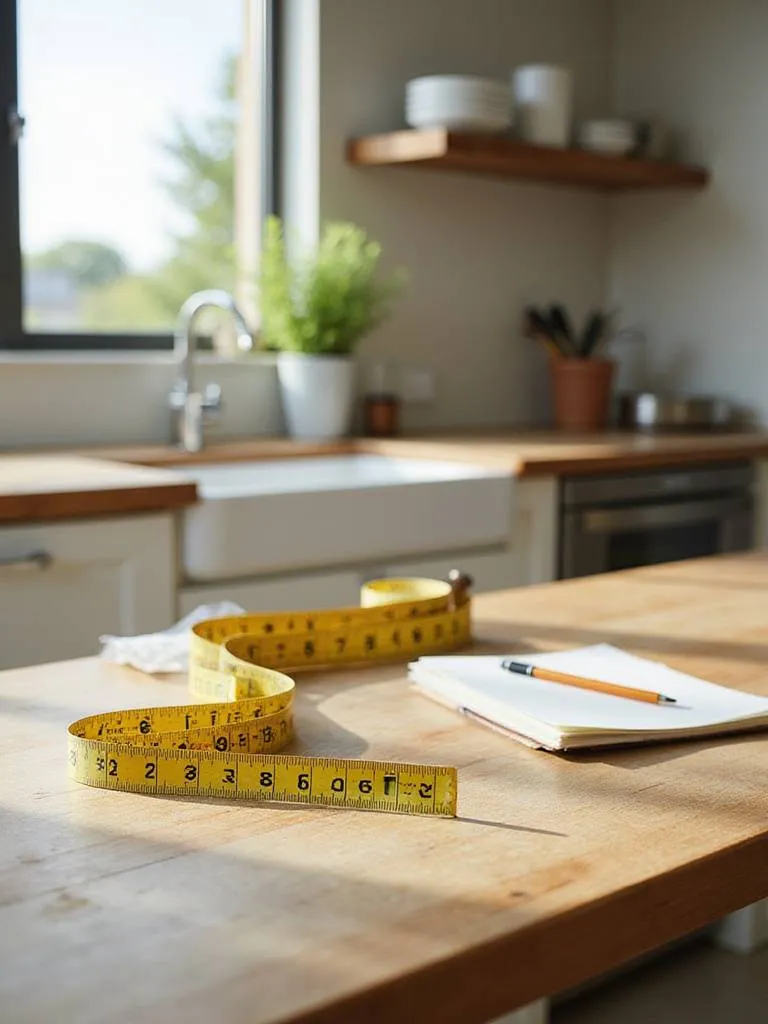 A well-lit kitchen workspace with a tape measure, notepad, and pencil on a countertop, emphasizing the importance of precise measurements.