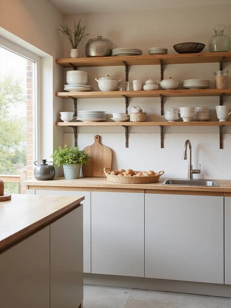 Small kitchen with a mix of open shelving and closed cabinets, showcasing a stylish and functional design.