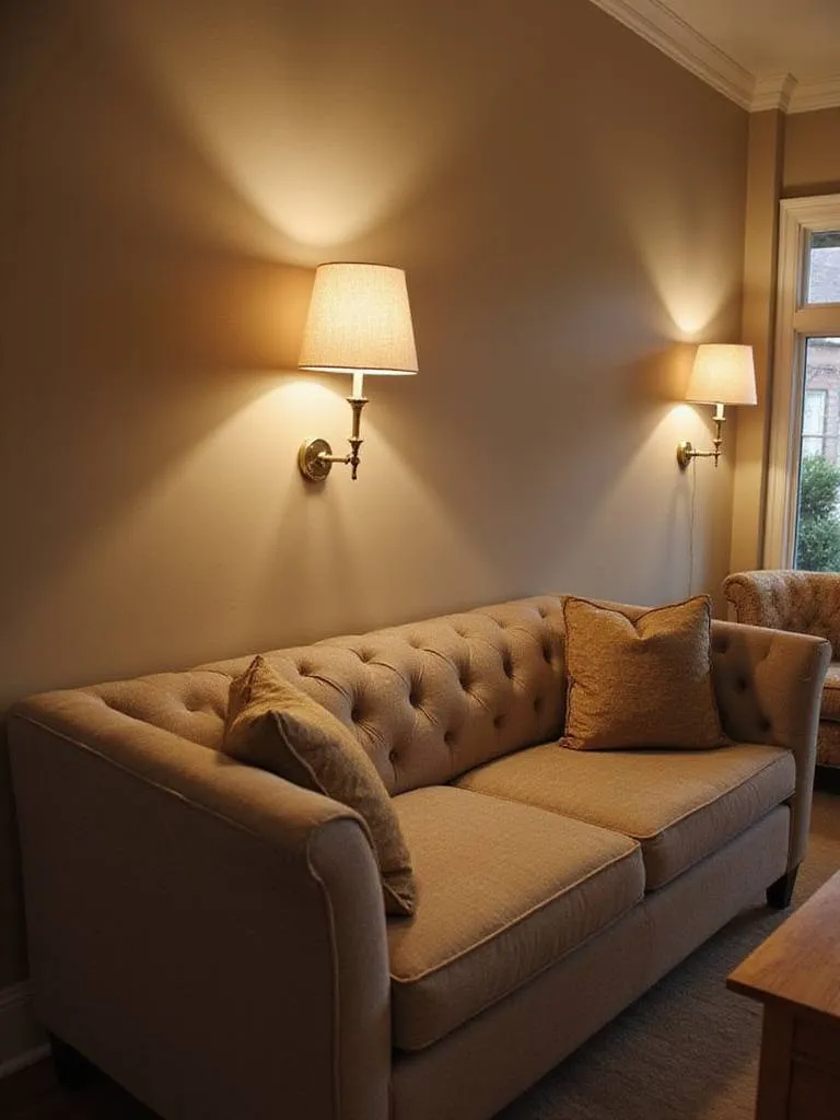 Living room with wall sconces providing ambiance and task lighting