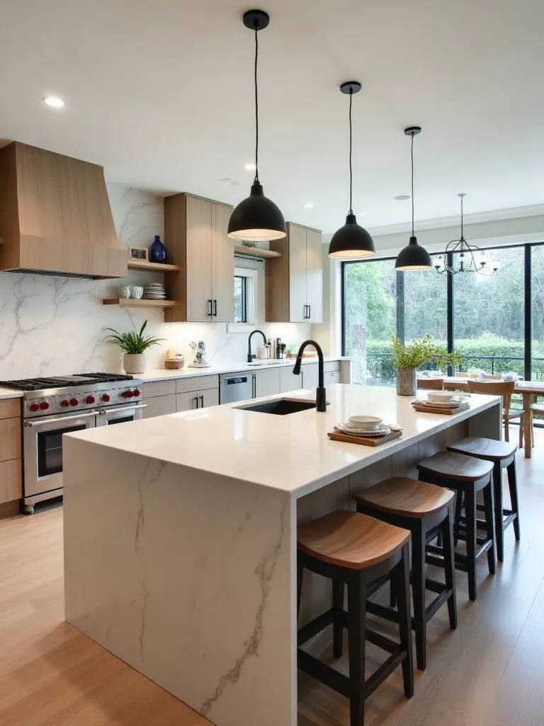 A contemporary kitchen with a multi-functional island featuring a sink and seating area.
