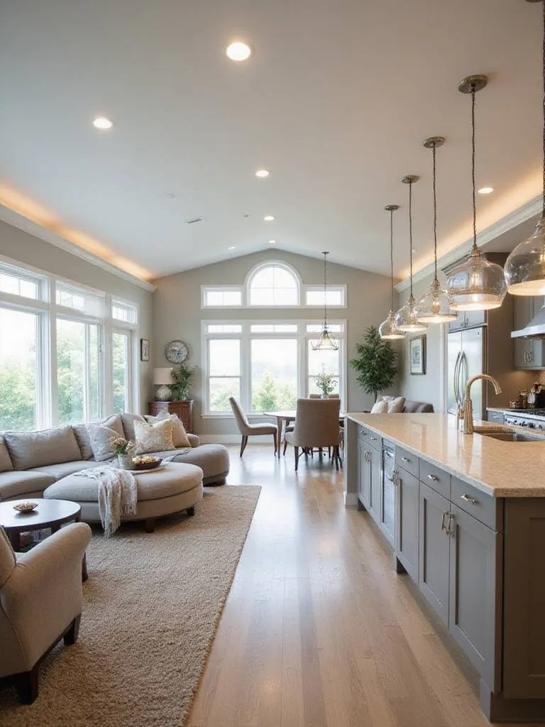 Open-concept kitchen and living area design showcasing modern aesthetics and natural lighting.