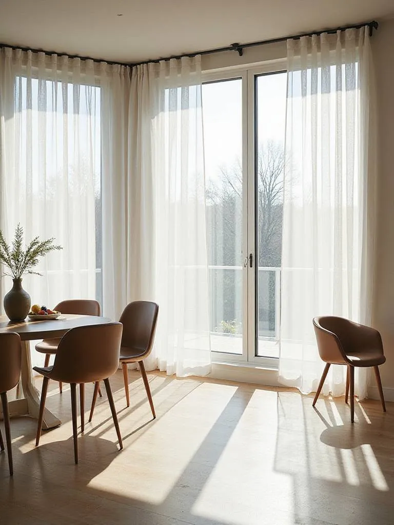 Contemporary dining room featuring minimalist window treatments to maximize natural light.